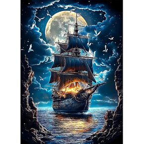 CEOVR Landscape Diamond Painting Kits for Adults, 5D DIY Full Drill Steamship Moon Diamond Art Dots Gem Art, Adult Crafts Kits Arts and Crafts, Wall Decor for Home Office 12x16in