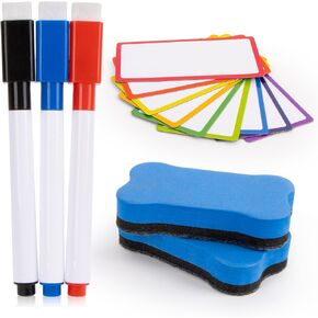 Dry Erase Markers Set - 3 Count Bullet Tip Whiteboard Markers with 2 Pack Cute Strong Magnet Dry Erasers 9 Pcs Reusable Magnetic Erasable Labels for Classroom Home Office Garage Refrigerator