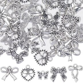 SUNNYCLUE 1 Box 50Pcs 5 Styles Bow Charms Bowknot Charm Alloy Silver Hollowed Tibetan Style Halloween Christmas Bow knot Charms for Jewelry Making Charms Supplies DIY Crafting Necklace Bracelets Adult