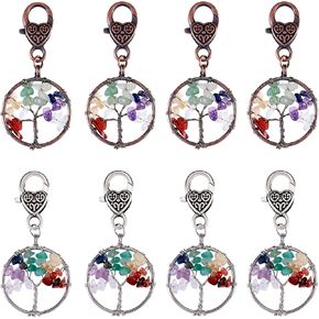 8 Pcs Tree of Life Charm Pendant Mixed Stone Pendant Flat Round with Tree Charm with Lobster Clasps for Jewelry Necklace Bracelet Making