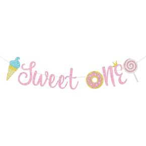 Sweet One Banner, Ice Cream Donut Candy First Birthday Banner,Baby Shower,1st Birthday Party Decorations (Pink)1