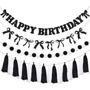 Black Bow Birthday Decorations, Black Coquette Birthday Decorations Include Black Bow Birthday Garland Banner Black Tassel Pom Pom Bow Birthday Party Supplies