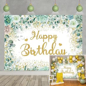 Greenery Happy Birthday Banner Backdrop Sage Green Green Eucalyptus Leaves Photography Background for Women Adults Kids Baby Shower Birthday Party Decorations 70x40 inch