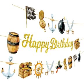 Pirate Party Banners 3Pcs Happy Birthday Banners Sea Cutout Garland Banners for Boy Girls Theme Baby Shower Birthday Party Supplies