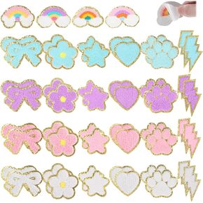 52 PCS لماشية الذاتية بقع تشنيل الملونة بقطع تشنيل الحديد على بقع طباعة باو ابتسامة الوجه بقع قلب بقع تشنيل قوس قزح خياطة على بقع على بقع للسترات جينز