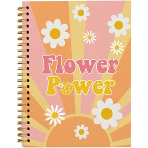 Tizzer Retro 70s Groovy Hippie Flower Power Orange Sun Sunshine Lined Hardcover College Ruled Spiral Notebook Journal for Work Notes Journaling 5.5×8.3 Inch,Gifts for Women Teen Girls