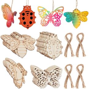 GORGECRAFT 32Pcs 4 Styles Wooden Cutouts Butterfly Ornaments Paintable Blank Unfinished Insect Moth Ladybug Animal Predrilled Wood Slices with 8Pcs Ropes for Crafts Home Christmas Summer Hanging Decor