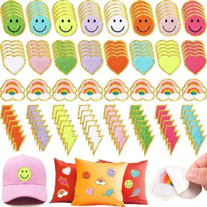 136 Pcs Chenille Iron on Patches for Clothing Letter Patches Self Adhesive Chenille Patches Cute Rainbow Smile Face Love Heart Patches for Jeans Embroidered Applique Patches (Fresh Style)