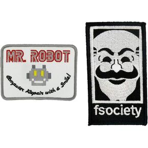 MR Patches Mr Robot Fsociety TV Series Show مجموعة تطريز من 2 تصحيحات أبيض هالوين أزياء شارة قميص السترة قبعة القبعة الهدية سهلة الحديد/الخياطة على