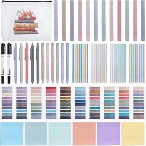 Book Annotation Kit - Complete Book Note Set Including 2640 Sticky Tabs, 300 Sticky Memo Notes, 11 Gel Ink Pens, 12 Highlighter Marker, 2 Black Markers Set for Study Book Lover Gift