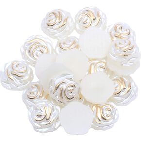 100pcs Resin Pearl Roses Flower FlatBacks Cabochons Decor Bronzing Pearl Beads for Scrapbooking Embellishment DIY Craft Jewelry Making Nail Art Phone Case Hair Accessories 12mm (Gold)