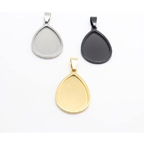 SAUNUCHI 10pcs Stainless Steel 18x25mm Teardrop Bezel Pendant Trays Gold Black Plated DIY Cameo Base Blanks for Necklace Making (3 Colors Mixed)