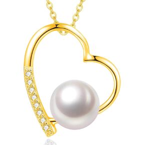 Heart Pearl Necklace for Women, S925 Sterling Silver Birthstone Necklace for Women Anniversary Birthday Mothers Day Valentine's Day Christmas Jewelry Gifts Real 8-8.5mm White Freshwater Cultured Pearls Pendant Gift for Wife Mom