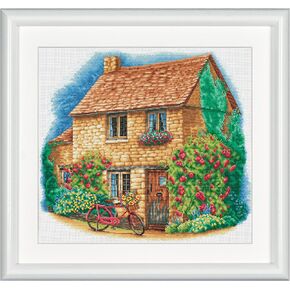 Counted Cross Stitch Kit - DSB010A - Cottage - White Aida - 16.7 x 16.7 Inch - Embroidery Kit for Adults