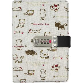 Cute Cat with Digital Password Lock, PU Leather Wided Ruled College Students Notebook Personal Travel Writing Journal Gift for Annersary Graduation(A5, Double Sided, 130Sheets/260Pages)