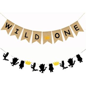 CaJaCa 1st Birthday Gold and Black Glitter Where the Wild Things Are Inspired Banner Wild One Birthday Party Baby Shower Photo Prop Decorations