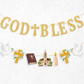 God Bless Banner for First Holy Communion Baptism Garland Confirmation Christening Party Decorations Gold Ceremony Newborn Baby Boys Girls Shower Christian Easter Party Favor