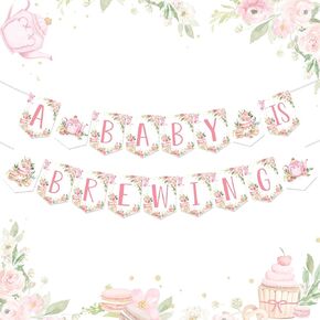 Tea Party Baby Shower Banner for Girl - A Baby Is Brewing Tea Theme Pink Floral Banner Decorations, Girl’s Gender Reveal Pregnancy Celebration Hanging Garland Party Supplies