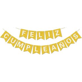 Pre-Strung Happy Birthday Banner - NO DIY - with Shiny Letters Glitter FELIZ CUMPLEAÑOS DECORATIONS Banner for Gold Birthday Party Decorations and Supplies