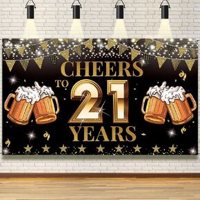 21st Birthday Decorations for Him Her, Cheers to 21 Years Birthday Backdrop Banner, Black Gold 21 Birthday Party Photo Props, 21 Birthday Yard Sign Poster Supplies for Outdoor Indoor, Fabric Vicycaty