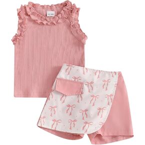 Toddler Baby Girl Summer Clothes Solid Sleeveless Ruffle Tank Top and Striped Short Set Newborn Infant Girl Outfits
