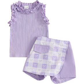 Toddler Baby Girl Summer Clothes Solid Sleeveless Ruffle Tank Top and Striped Short Set Newborn Infant Girl Outfits in Kuwait