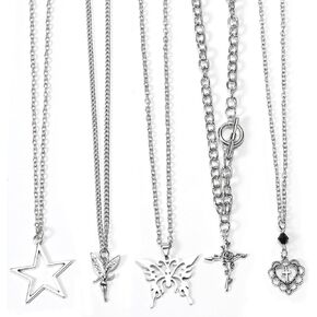 10 Pcs Y2k Necklace Set for Women, Goth Grunge Accessories Jewelry Necklaces, Gothic Cross Fairy Thorns Gothic Angel Heart Feather Star Butterfly Emo Vintage Silver Pendant Necklace