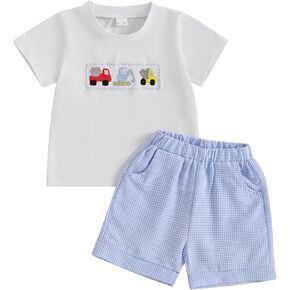 Toddler Boys Summer Clothes Funny Car Printed T-Shirt Plaid Shorts 2Pcs Little Kids Outfits Set