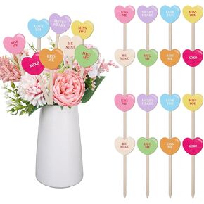 Whaline 16 Pcs Valentine's Day Decorative Picks Colorful Conversation Candy Heart Wooden Picks Wooden Heart Picks Tabletop Valentines Day Decoration for Home Vase Filler Wedding Anniversary Party