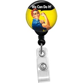 Rosie The Riveter - We Can Do It! Custom Retractable Badge Reel Lanyard Badge Holder (Black Badge Reel with Spring Pinch Clip)