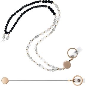16.5" Natural Stone Lanyards for Id Badges with 14" Retractable Badge Reel - Beaded Teacher Lanyards for Women