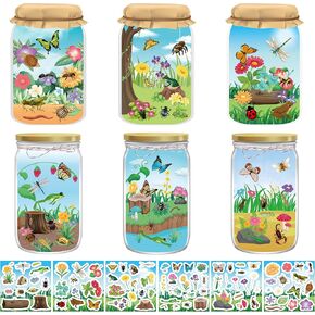 WATINC 12Pcs Spring Insect Jar Scene Sticker Art Craft, Make Your Own Springtime Mix Bug Stickers with Jar Scene, DIY Butterflies Frogs Flowers Bees Decals, Kids Game for Classroom Activity Party