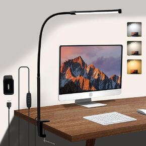 CUHIOY Desk Lamp with Metal Clamp, 3 Colors 10 Lightings LED Desk Light with USB Adapter for Home Office, Eye-Caring Flexible Gooseneck Clip on Drafting Table Lamps for Reading Nail Architect Artists