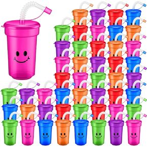 Mumufy Kids 12 oz Neon Cups Bulk Smile Face Neon Colorful Plastic Cups Reusable Birthday Supplies Kids End of the Year Present for Students(48 Pcs)
