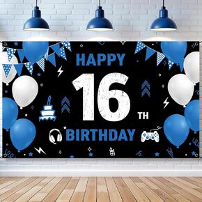 Vicycaty 16th Banner Banner Blue ، ديكورات عيد ميلاد سعيدة السادسة السادسة عشر للبنات ، 16 عيد ميلاد من النسيج الخلفي ، فناء عيد ميلاد 16 عامًا ، فناء ساحة اللوازم ، 6.1 قدم × 3.6 قدم