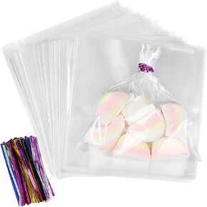 100Pcs Cellophane Bags 12"x16" Clear Plastic Bags with 100Pcs Twist Ties for Gifts, Party Favors Packaging