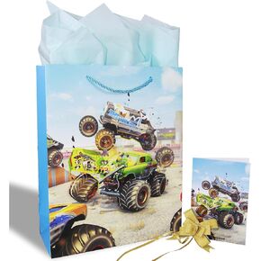 AOKELEON 12.6" Large 3D Monster Truck Gift Bag with Tissue Paper, Greeting Card and Pull Bow for Boys' Birthday, Kids' Parties，Baby Showers，Shopping and Party Supplies