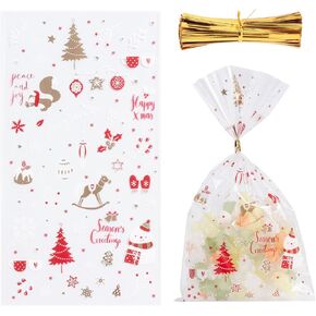 Pomei 200 PCS Christmas Cellophane Candy Bags- Christmas Little Paris, 3.9"x7", Cellophane Treat Bags Gift Bags for Gifting, Cookies, Candies, Christmas Party Supplies, and Food Storage.