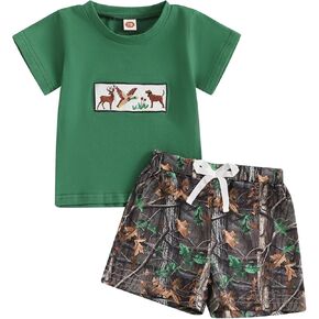 Baby Boy Hunting Outfits Duck Deer Embroidery Short Sleeve T-Shirt Camo Shorts Set 2Pcs Toddler Summer Clothes