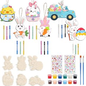 Fangoo 12 Pack Easter Wind Chime Craft Kit Make You Own Bunny Egg Chick Wind Chimes Unfinished DIY Wooden Coloring Activity for Girls Boys Easter Hanging Ornaments Easter Party Decoration