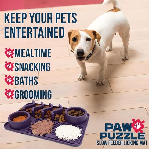Palz&Co Paw Puzzles Silicone Slow Feeding Mat for Dogs and Cats, Dry and Wet Food - Medium 12"x8", Purple in Saudi Arabia