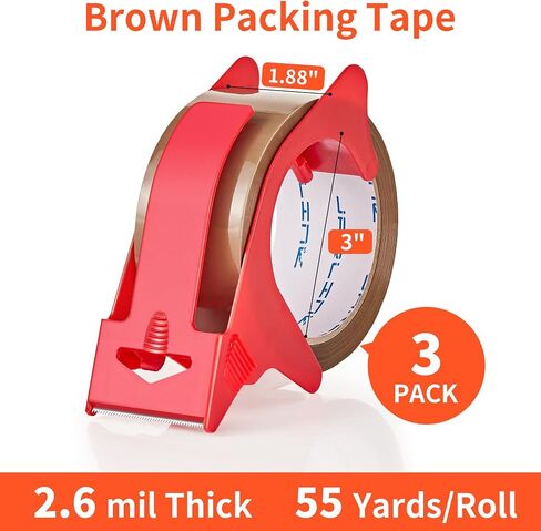JARLINK 3 Rolls Brown Packing Tape with Dispenser, Heavy Duty Packaging Tape Refills for Shipping Packaging Mailing, 2.6mil Thick, 1.88 inches Wide, 55 Yards Per Roll, 165 Total Yards in Saudi Arabia
