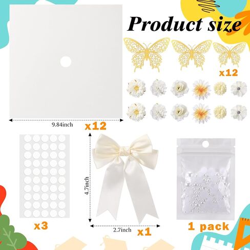 MOTIMIND 41 PCS DIY GRADT CAD CAP DRIDATION KIT 12 ورقة بناء كريمة مع رؤوس زهرة اصطناعية ثلاثية الفراشة ثلاثية اللؤلؤ نقاط لاصق ساتان القوس ل DIY غادر غطاء Topper (أبيض) in Saudi Arabia