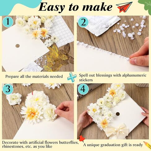 MOTIMIND 41 PCS DIY GRADT CAD CAP DRIDATION KIT 12 ورقة بناء كريمة مع رؤوس زهرة اصطناعية ثلاثية الفراشة ثلاثية اللؤلؤ نقاط لاصق ساتان القوس ل DIY غادر غطاء Topper (أبيض) in Saudi Arabia