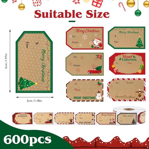600 PCS ملصقات علامة الهدايا ، 1.18 "× 2" كرافت بنية من وإلى ملصقات هدايا ملصقات ملصقات العطلة in Kuwait