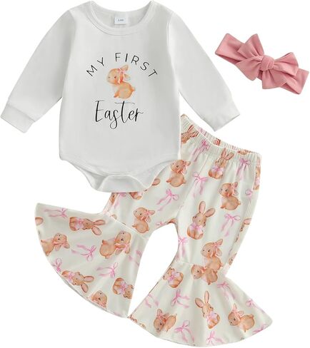 Newborn Baby Girls Easter Outfits Cute Carrot Embroidery Romper and Pants Sets My First Easter Baby Girl Outfits in Kuwait