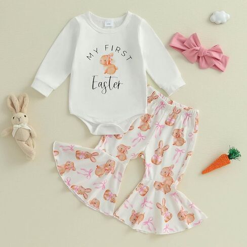 Newborn Baby Girls Easter Outfits Cute Carrot Embroidery Romper and Pants Sets My First Easter Baby Girl Outfits in Kuwait