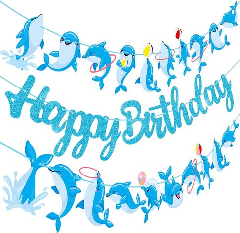 Dolphin Birthday Banner Decorations Dolphin Birthday Party Decorations Supplies Blue Glitter Dolphin Happy Birthday Banner Decorations for Under the Sea Themed Birthday Party Baby Shower Supplies in Saudi Arabia