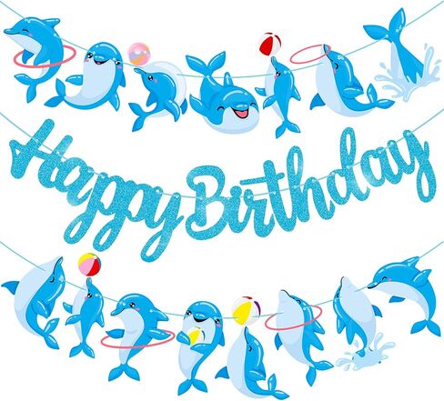 Dolphin Birthday Banner Decorations Dolphin Birthday Party Decorations Supplies Blue Glitter Dolphin Happy Birthday Banner Decorations for Under the Sea Themed Birthday Party Baby Shower Supplies in Saudi Arabia
