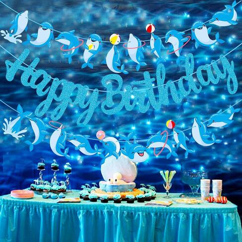 Dolphin Birthday Banner Decorations Dolphin Birthday Party Decorations Supplies Blue Glitter Dolphin Happy Birthday Banner Decorations for Under the Sea Themed Birthday Party Baby Shower Supplies in Saudi Arabia